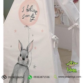 تصویر چادر سرخپوستی طرح خرگوش طوسی ا با پارچه پنبه و نقاشی با دست با پارچه پنبه و نقاشی با دست