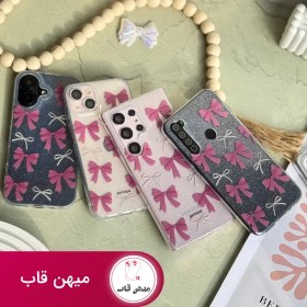 تصویر قاب پاپیون صورتی اکلیلی پشت طلق آیفون 