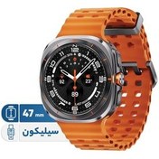 تصویر ساعت هوشمند سامسونگ مدل Galaxy Watch Ultra دارای قابلیت های کنترل موسیقی (Music Player)، قابلیت مکالمه از طریق بلوتوث، قابلیت تغییر طرح ساعت یا تم، صفحه همیشه روشن (Always-on Display)، پشتیبانی از دستیار صوتی بند سیلیکون 