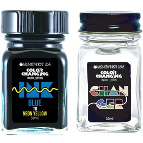 تصویر جوهر خودنویس مونته ورده دو رنگی آبی به زرد نئونی MONTEVERDE bottle color changing ink changer set Blue to Neon yellow 30 ml 