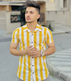 تصویر پیراهن راه راه مردانه ترک - سفید راه راه مشکی / L ا Turkish men's striped shirt Turkish men's striped shirt