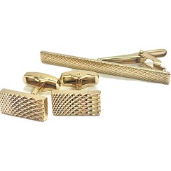 تصویر ست دکمه و گیره کراوات طلایی - مدل شبکه‌ای 