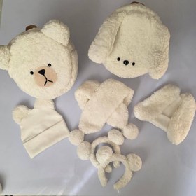 تصویر کلاه تدی پشمالو - سفید / کلاه سایز 2 / خرسی 