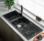 تصویر سینک گرانیتی لوتوس مدل مشکی مرمری سایز 115×50 دو لگنه توکار همراه با سیفون درجه یک Lotus Granite Sink – black white , 115×50 cm, Double Bowl, Undermount with Siphon