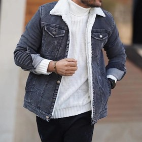 تصویر کت جین دودی خز دار شیک و جدید - L Charcoal denim jacket all fur