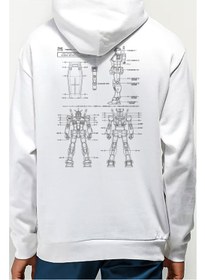 تصویر سویشرت مردانه با طراحی چاپی جلو و عقب، کلاهدار و رباتیک سفید برند rock&roll Robotic White Hooded Front and Back Printed Men's Sweatshirt