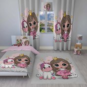 تصویر ست اتاق خواب کودک روتختی، پرده و فرشینه طرح دختر با یونی کد k-101 
