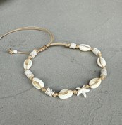 تصویر دستبند صدف و ستاره دریایی با نخ چرم کد ۵ Shell & Starfish Bracelet with Leather Cord – Code 5