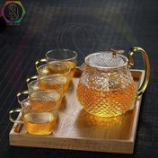 تصویر ست چای خوری 5 عددی پوست ماری پیرکس(بوروسیلیکات) با دسته طلایی شامل قوری و‌ 4 فنجان 
