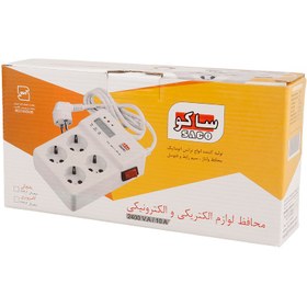 تصویر محافظ برق کامپیوتر 4 خانه ارت دار ساکو با کابل 1. Saco 22403 Voltage Protector with 4 Entries