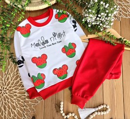 تصویر بلوز و شلوار یلدایی میکی سفید قرمز تکرنگ 