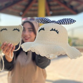 تصویر کلاه و کیف حصیری طرح چشم رنگ کرم 