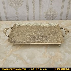 تصویر سینی برنجی هندی مدل طاووس مستطیل پایه دار طول ۳۷ سانتی کد ۳۲۱۶ ( سینی برنز ) 