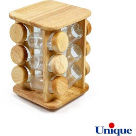 تصویر ادویه 12 تایی گردون ایستاده مربع چوبی یونیک مدل 6111 12 spice racks, stand up round, wooden, unique, model 6111