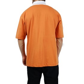 تصویر تیشرت آستین کوتاه مردانه هلویی قواره باکسی طرح یقه بلایزر - هلویی / Men's short-sleeve t-shirt in peach, boxy, with a blazer collar design