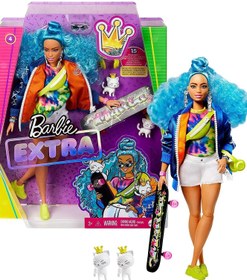 تصویر عروسک باربی اکسترا با موهای آبی، ژاکت بمب‌افکن و اسکیت‌برد برند barbie Barbie Extra Doll Blue Hair Bomber Jacket Skateboard