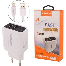 تصویر شارژر دیواری فست شارژ Arson AN-V3 2Port 3A QC3.0 PD 21.5W + کابل آیفونی Arson AN-V3 2Port 3A QC3.0 PD 21.5W Fast Wall Charger With Lightning Cable