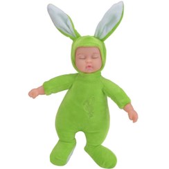 تصویر عروسک نوزاد خوابیده ارتفاع 25 سانتی متر عروسک پولیشی/گوشتی نوزاد لباس خرگوشی