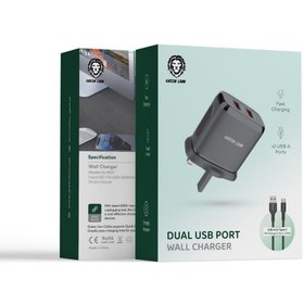 تصویر شارژر دیواری دو پورت USB با کابل تایپ سی گرین Green Dual USB port wall charger USB-A to Type-c Cable GL-WC07 