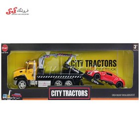 تصویر ماکت تریلی فلزی یدک کش زرد با ماشین قرمز CITY TRACTORS 2212 