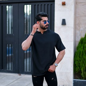 تصویر تیشرت مشکی یقه کوبایی پارچه بیسکوییتی - 2xl Black Cuban Collar Biscuit Fabric T-Shirt