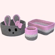 تصویر سبد قلاب بافی تریکو طرح خرگوش کد 1 مجموعه 3 عددی 