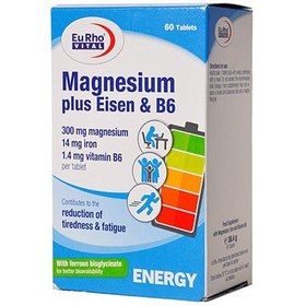 تصویر قرص منیزیم پلاس آیزن و ویتامین B6 یوروویتال بسته ۶۰ عددی 