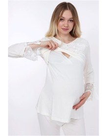 تصویر ست لباس راحتی بارداری 9510توری شیری دکمه‎دار برند MYRA by LuvmaBelly کد 1603931282 