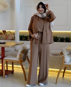 تصویر کت و شلوار زنانه مجلسی شکلاتی مدل 7170 با ژیله 
