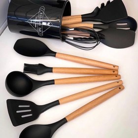 تصویر سرویس کفگیر و ملاقه 12 پارچه سیلیکونی دسته بامبو اورجینال - نوک مدادی 