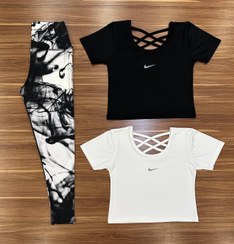 تصویر ست ورزشی لگ طرحدار و کراپ پشت بندی کد 3614 