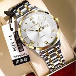 تصویر ساعت پوداگار الماسی مردانه دارای روز شمار ایام هفته صفحه شب نما برند شرکتی بند استیل قطر صفحه ۴۲ میل کریستال قاب یاقوت کبود ضدآب تا عمق بالا شیشه معدنی رنگ ثابت قفل سگک دوپروانه ای موتور کوارتز 