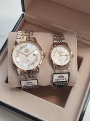 تصویر ست دونفره ساعت اورینت Orient تقویم دار قفل ضامن دار - صفحه سفید بند دو رنگ Orient