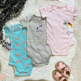 تصویر لباس بادی کوتاه نوزاد دخترانه نخی 3 عددی وارداتی یونی کورن مارک اورجینال کیوت کوالا Baby girl bodysuits 