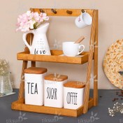 تصویر استند چوبی دو طبقه آویزدار استند نظم دهنده آشپزخانه استند ادویه 