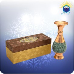 تصویر گلدان مس و فیروزه کوبی آقاجانی طرح صراحی ۱۶ سانتی با جعبه گالینگور MDF 