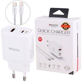 تصویر شارژر دیواری فست شارژ Yesido YC52 3Port 3A PD QC3.0 30W + کابل آیفونی Yesido YC52 3Port 3A PD QC3.0 30W Fast Wall Charger With Lightning Cable