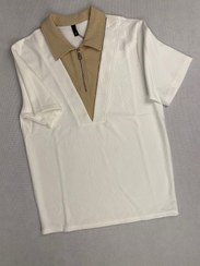 تصویر تیشرت یقه‌دار زیپ‌دار سفید با یقه کرم – استایل رترو | Retro Zipper Polo Shirt – white with Contrast Collar 