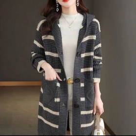 تصویر ژاکت زنانه بافت جلو دکمه بلند کلاه دار 