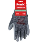 تصویر دستکش ایمنی لاتکس کف مواد طوسی ساده نخ ملانژ به همراه تگ متوسط رونیکس مدل RH-9006 