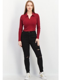 تصویر بلوز با یقه پخش و آستین بلند با بافت، رنگ مارون برای زنان برند don't call me jennyfer Women Spread Collar Long Sleeve Textured Top, Maroon