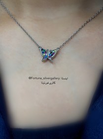 تصویر گردنبند نقره دخترانه طرح پروانه نگین رنگی Silver necklace 925 with a shape of butterfly