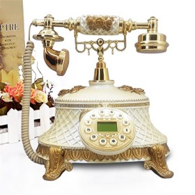 تصویر تلفن رومیزی آرنوس، تلفن سلطنتی سبک قدیمی دست‌ساز با گل های برجسته طلایی، تلفن دکوری شیک کلاسیک دارای کالر آیدی | رنگ کرم طلایی مدل 920 