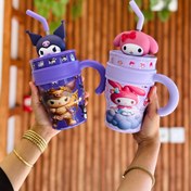 تصویر ماگ فانتزی درب‌دار نی‌دار طرح کورومی (Kuromi) 