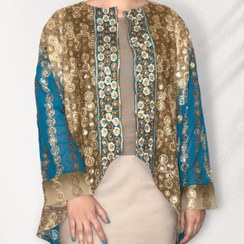 تصویر پانچو سنتی مزونی پولک‌دوزی دستی زنانه | پارچه حریر هندی جلو باز فری سایز 