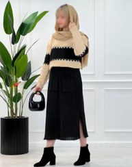 تصویر ست بلوز و دامن بافت طرح دو تیکه سودا کرم مشکی 