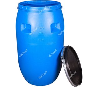 تصویر بشکه ۱۴۰ لیتری آبی پلاستیکی درب تسمه دار 140 liter blue plastic barrel with strap lid