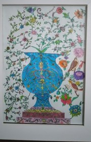 تصویر ۱تابلو نقاشی طرح تلفیقی گل و مرغ و گلدان پایه دار و نقوش سنتی و مدرن flower and birds draw