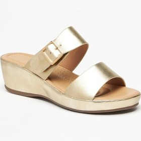 تصویر صندل متالیک با پاشنه‌های وِج و جزئیات قفل‌دار برند flora bella by shoexpress Metallic Slip-On Sandals with Wedge Heels and Buckle Detail