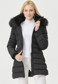 تصویر کت پف دار کلاهدار متحرک یقه خز مصنوعی زنانه یاسمین مشکی برند PIQUE ( انزجار ) به رنگ مشکی در دسته کت، پالتو و کاپشن زنانه 